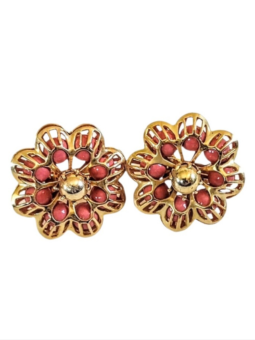 💛 Vintage Elizabeth Morrey Salmon Coral Floral Clip On Earrings